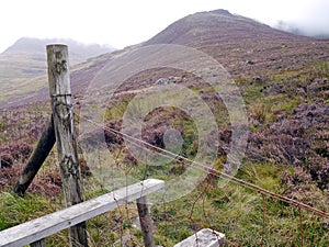 Long Crag seen from stile and much heather