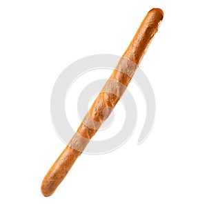 Long crispy white flour baguette. Whole loaf of bread isolated on white background