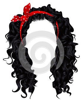 Long curly hairs  brunette black  dark colors  .  beauty fashion style . wig .Red bow