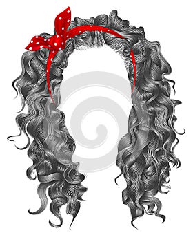 Long curly hairs gray colors.beauty fashion style.wig .red bow