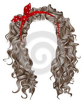 Long curly hairs  with red bow. light blond  colors .beauty fashion style