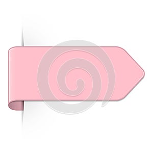 Long curved light pink bookmark arrow with shadow and copy space isolated on a white background.