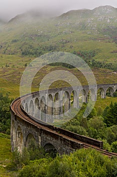 Long curved viaduct in the Scottish highlands Glenfinnan