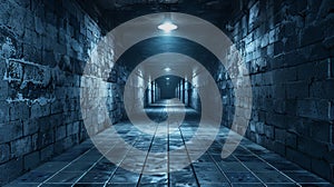 Long Dark hallway with stone walls and floor, accentuated by hanging lights that cast long shadows photo