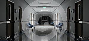 Long dark hospital corridor with rooms and seats 3D rendering. Empty accident and emergency interior with bright lights lighting