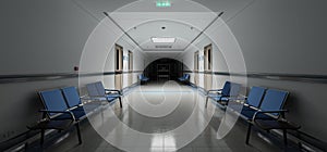 Long dark hospital corridor with rooms and seats 3D rendering. Empty accident and emergency interior with bright lights lighting