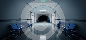 Long dark hospital corridor with rooms and seats 3D rendering. Empty accident and emergency interior with bright lights lighting