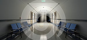 Long dark hospital corridor with rooms and seats 3D rendering. Empty accident and emergency interior with bright lights lighting