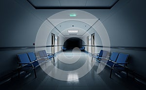 Long dark hospital corridor with rooms and seats 3D rendering. Empty accident and emergency interior with bright lights lighting