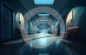 Long dark hospital corridor with rooms and seats, empty accident and emergency interior