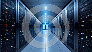 Futuristic Data Center Server Room with Blinking Lights