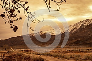 Long dirt road first highwa snowy mountain range brown hills and desert plants