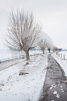 Long ditch with thin ice in a snowy landscape