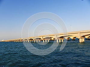 Long dock of big arches in the port of Progreso, Yucatan