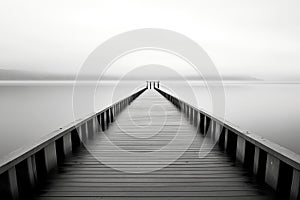 a long dock in the middle of the water under a cloudy sky