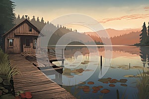 long dock stretching out from a lakeside cabin on a misty morning, magazine style illustration