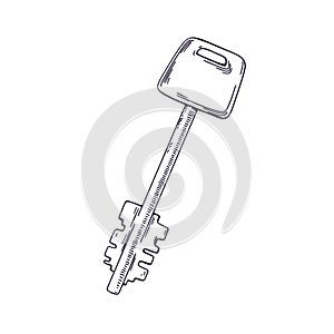 Long door key, outlined drawing in vintage retro style. Detailed etching of modern locking item for safe, apartment