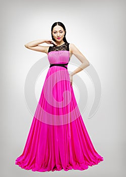 Long Dress, Young Woman Fashion Model Pink Gown High Waist