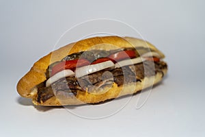 Long DÃ¶ner sandwich lamb or beef  meat or SandviÃ§ dÃ¶ner isolated on a white background