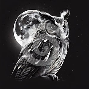 Long-eared owl, eagle owl on the background of the moon, black and white illustration