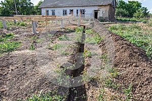 Long earthen trench dug to lay pipe.