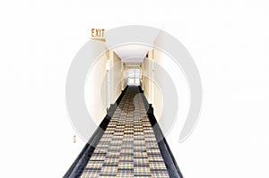 Long empty carpeted corrider in a building with white walls photo