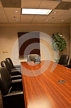 A long empty conference room table