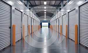 Long empty corridor in modern self storage facility with rows of metal roll up doors