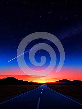 A long empty road in the middle of a desert at night