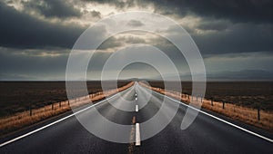Empty Highway Stretches Into the Distance Under a Dramatic Sky in Iceland