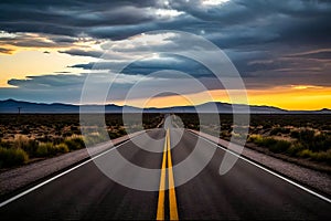 A long, empty Texas highway stretching through the desert with a dramatic sky overhead