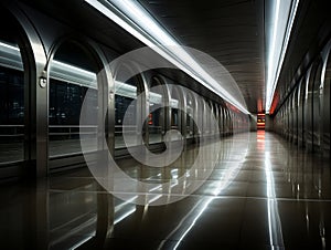 a long empty tunnel with lights on the ceiling