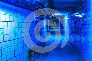 long empty tunnel with pipes and utilities on the ceiling, blue neon lights