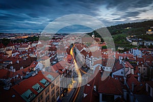 Long Exposure Aerial view of Mala Strana at night with Church of Our Lady of Victories and Karmelitska street - Prague, Czech