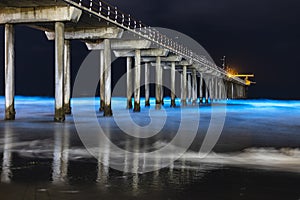 Long exposure of Beautiful Blue Bioluminescence at Scripps Pier in San Diego, California