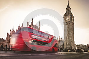 Long Exposure of Big Ben and Red Double Decker bus. Westminster Bridge.