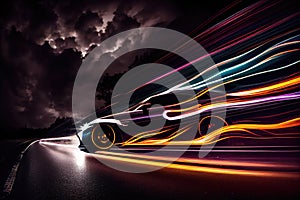 long exposure of a car driving at night, with its headlights and taillights creating dramatic streaks