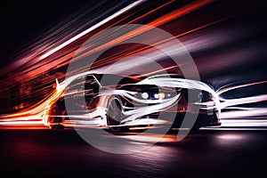 long exposure of a car driving at night, with its headlights and taillights creating dramatic streaks