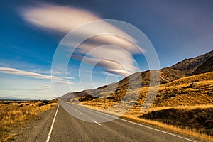 Long exposure cloudscape over the highway on the way to Mt Cook National Park