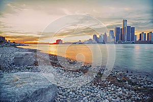 Long exposure Detroit skyline at sunset