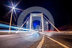 Long exposure of Elisabeth Bridge with traffic at night, Budapest, Hungary, 2023