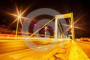 Long exposure of Elisabeth Bridge with traffic at night, Budapest, Hungary, 2023