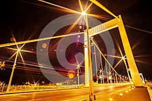 Long exposure of Elisabeth Bridge with traffic at night, Budapest, Hungary, 2023