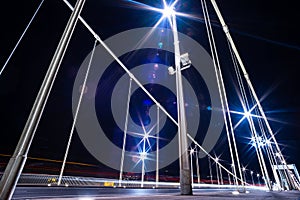 Long exposure of Elisabeth Bridge with traffic at night, Budapest, Hungary, 2023