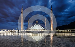 Long exposure Faisal Mosque in Islamabad, Pakistan in evening photo