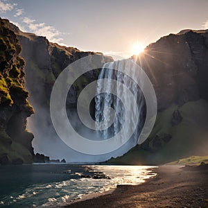 Long exposure of famous Skogafoss waterfall in Iceland at dusk made with Generative AI