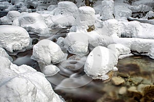 Long exposure of flowing cold frozen water in mountain stream