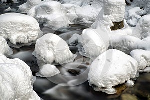 Long exposure of flowing cold frozen water in mountain stream