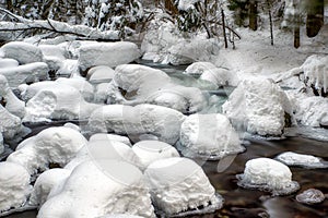 Long exposure of flowing cold frozen water in mountain stream