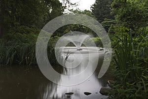 Long exposure of a fountain in a pond